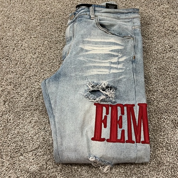 EUC HOMME + FEMME LA RED LOGO LETTERMAN DENIM JEANS 32 - Picture 16 of 16